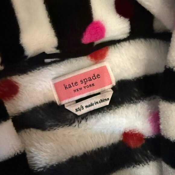 Kate Spade LS Short Robe Black Stripe Confetti Dots Plush Velour Pocket - Picture 3 of 7